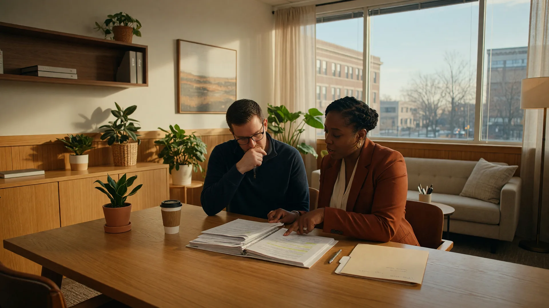 A real estate agent and buyer reviewing documents together in a bright modern Dayton office with natural light