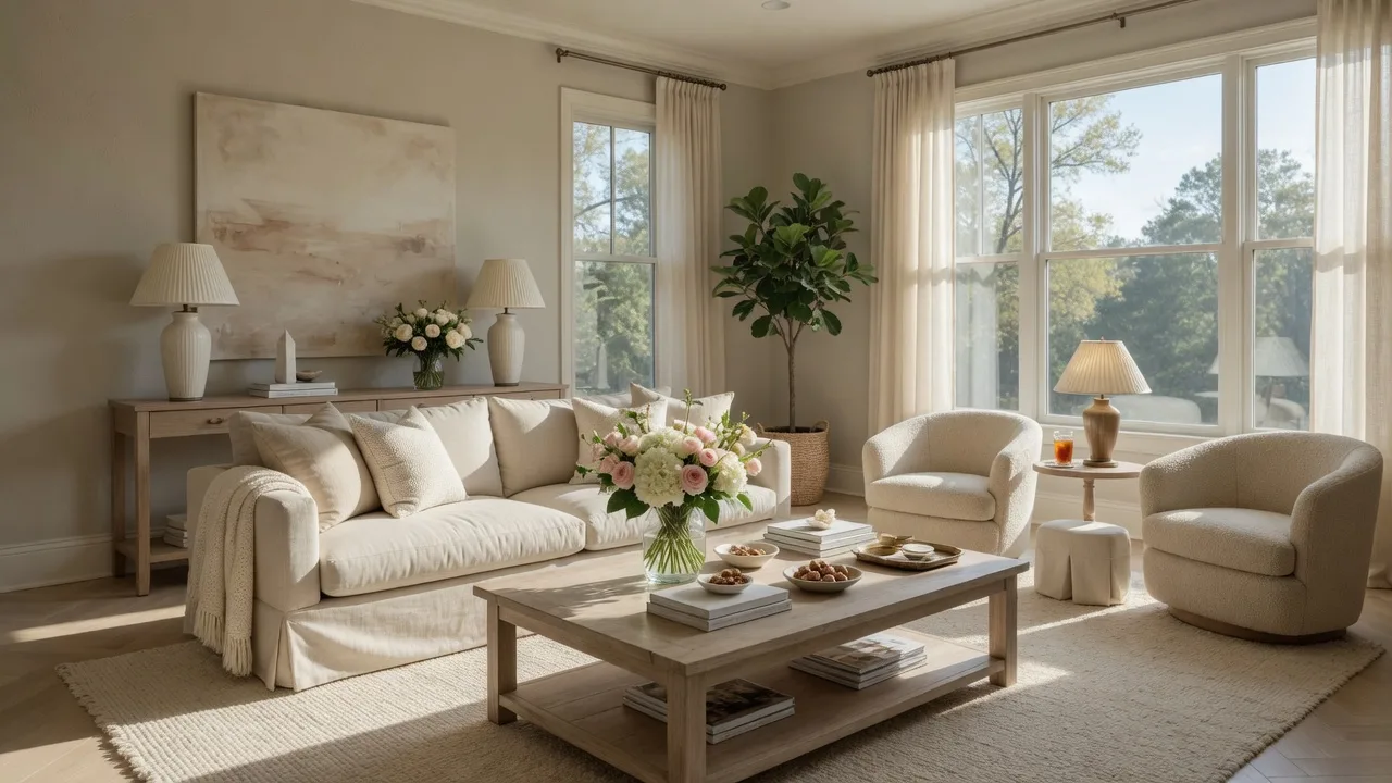 A beautifully staged luxury living room with natural light streaming through large windows onto curated furniture and fresh flowers.