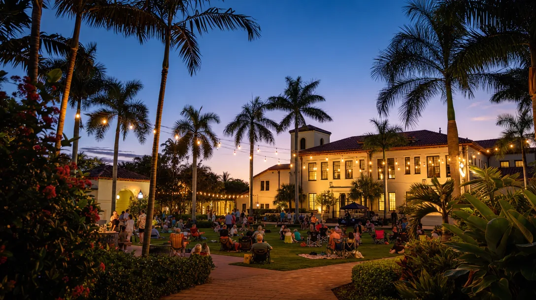 Old School Square in Delray Beach at golden hour with fairy lights, people on the lawn, and the historic schoolhouse glowing in the background