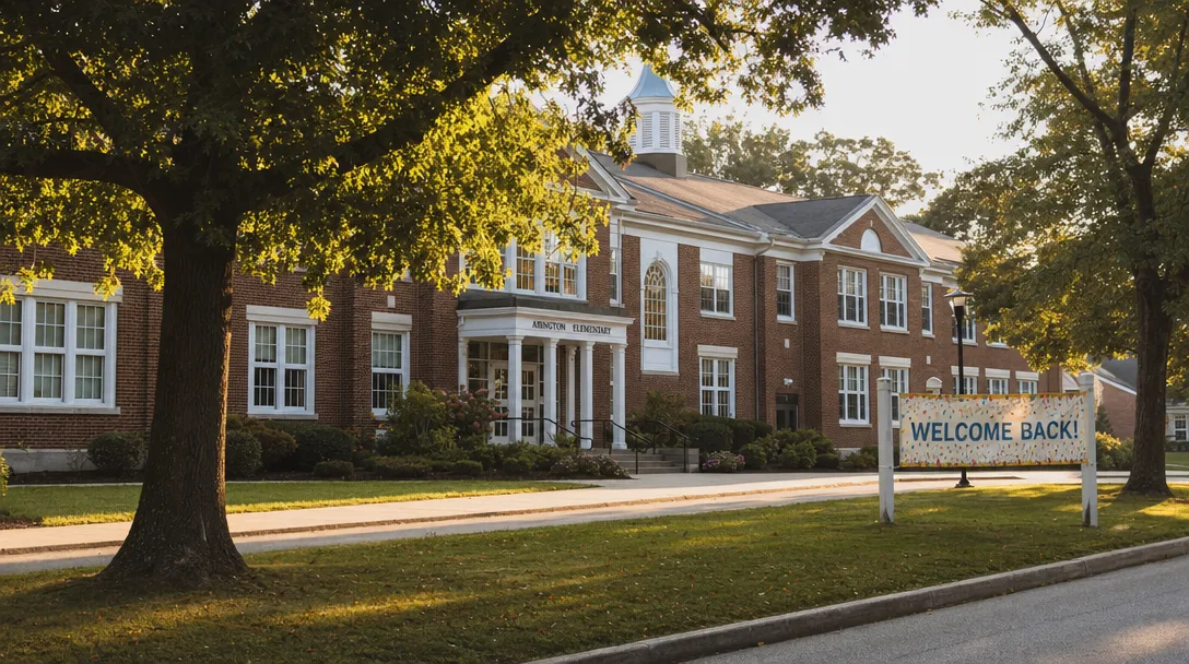 A red brick elementary school in Abington Township bathed in late-summer golden morning light with a welcome banner near the entrance and mature oak trees shading the lawn