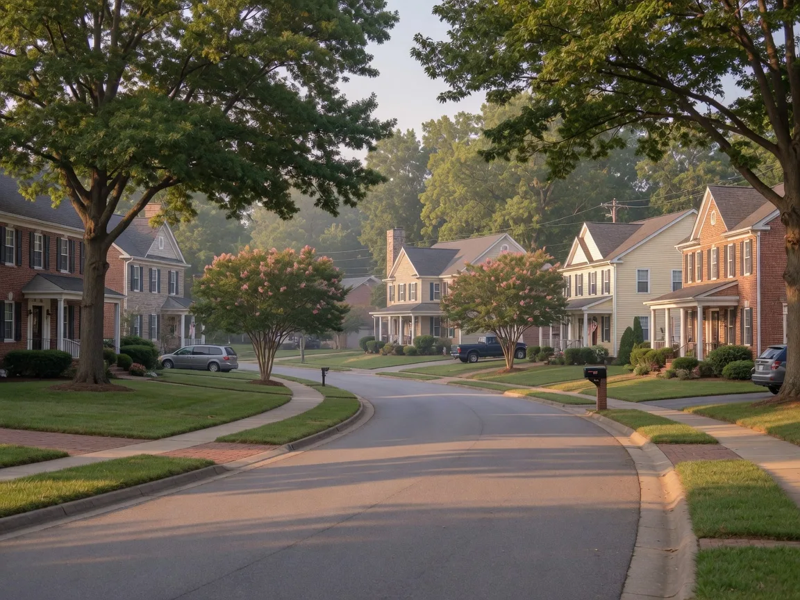 A quiet tree-lined street of brick and siding colonial homes in Prince William County on a sunny afternoon