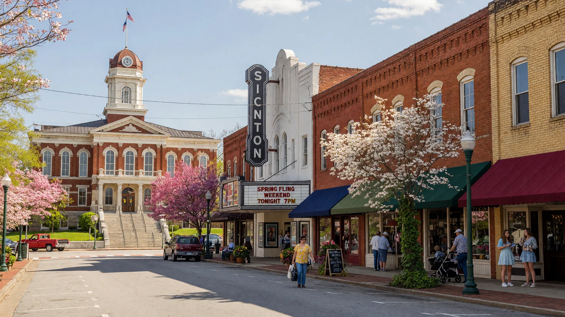 Historic Downtown Canton, Georgia featuring the Cherokee County courthouse, the Canton Theatre marquee, and brick storefronts on a bright spring afternoon
