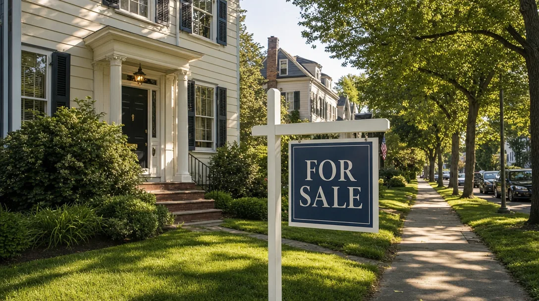 For Sale sign in front of a historic Colonial-style home on a tree-lined residential street in Essex County New Jersey on a bright late-summer afternoon