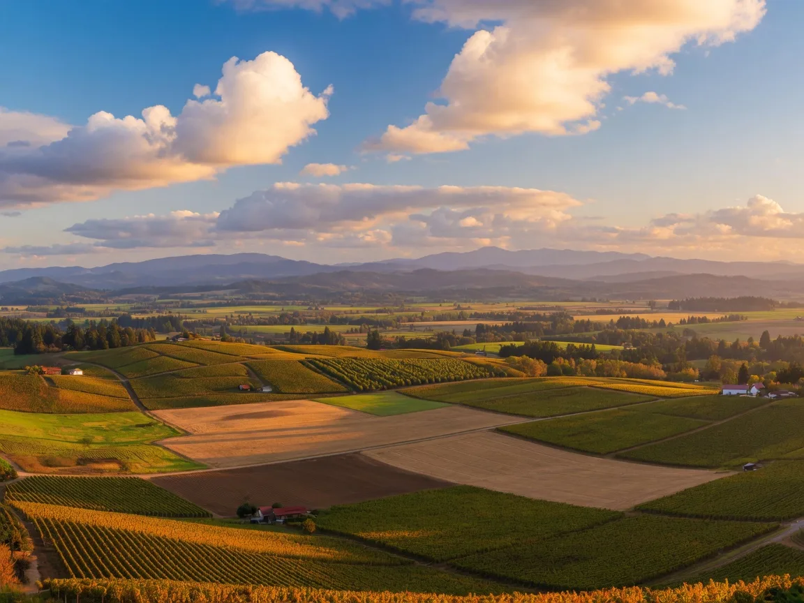 Panoramic view of the Willamette Valley with rolling farmland, vineyards, and mountains near Yamhill County, Oregon