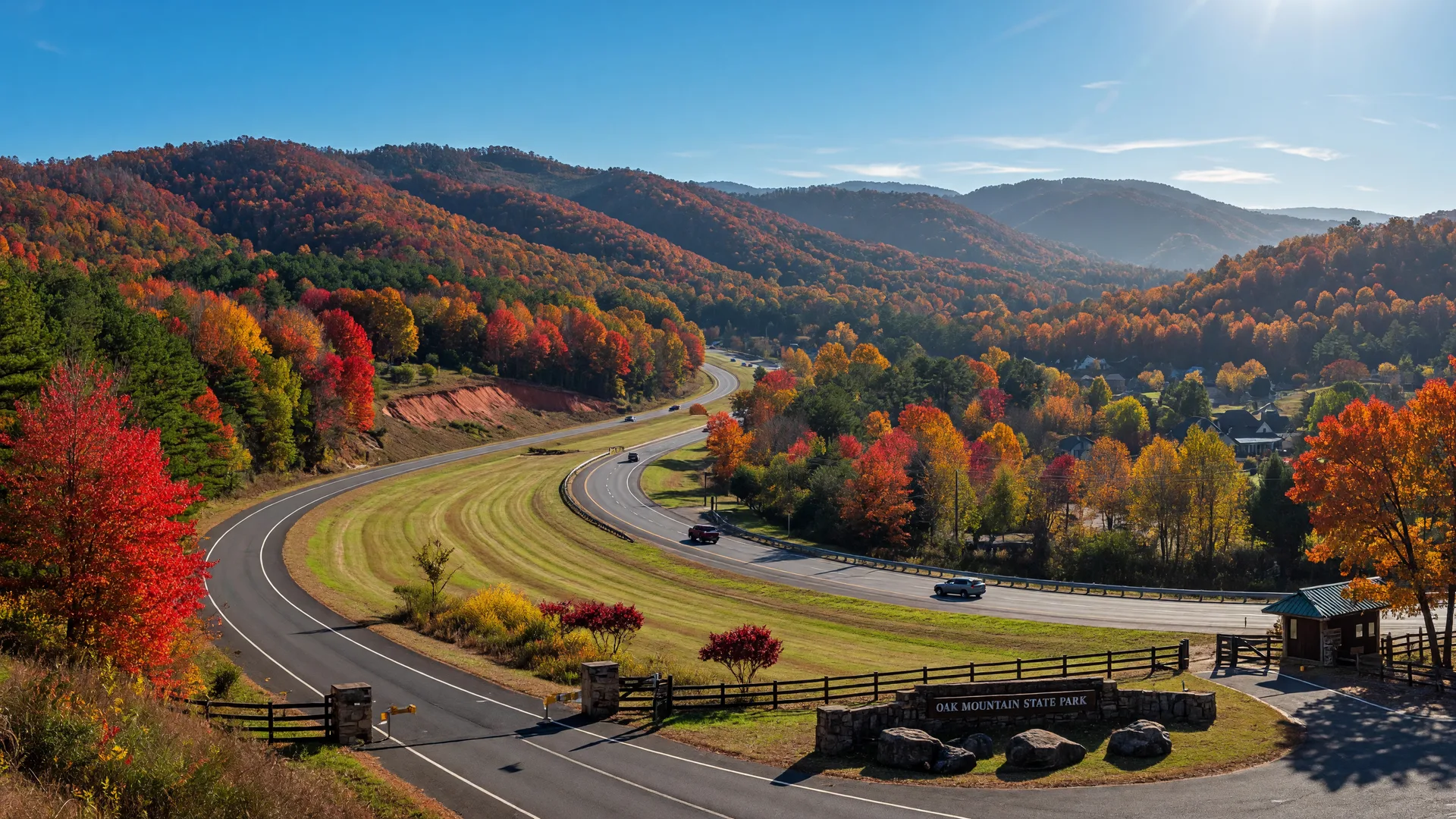 Pelham's Oak Mountain State Park area with the forested Appalachian foothills, Pelham Parkway corridor, and autumn colors
