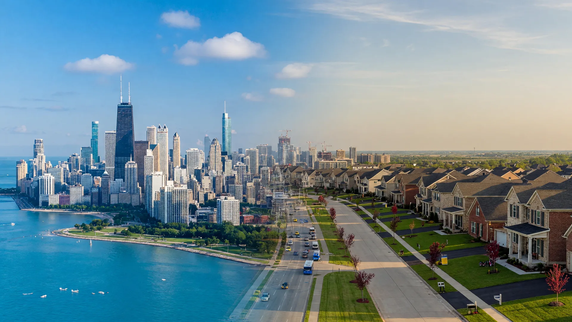 Wide panoramic view of the Chicago skyline on the left blending into the North Texas skyline on the right