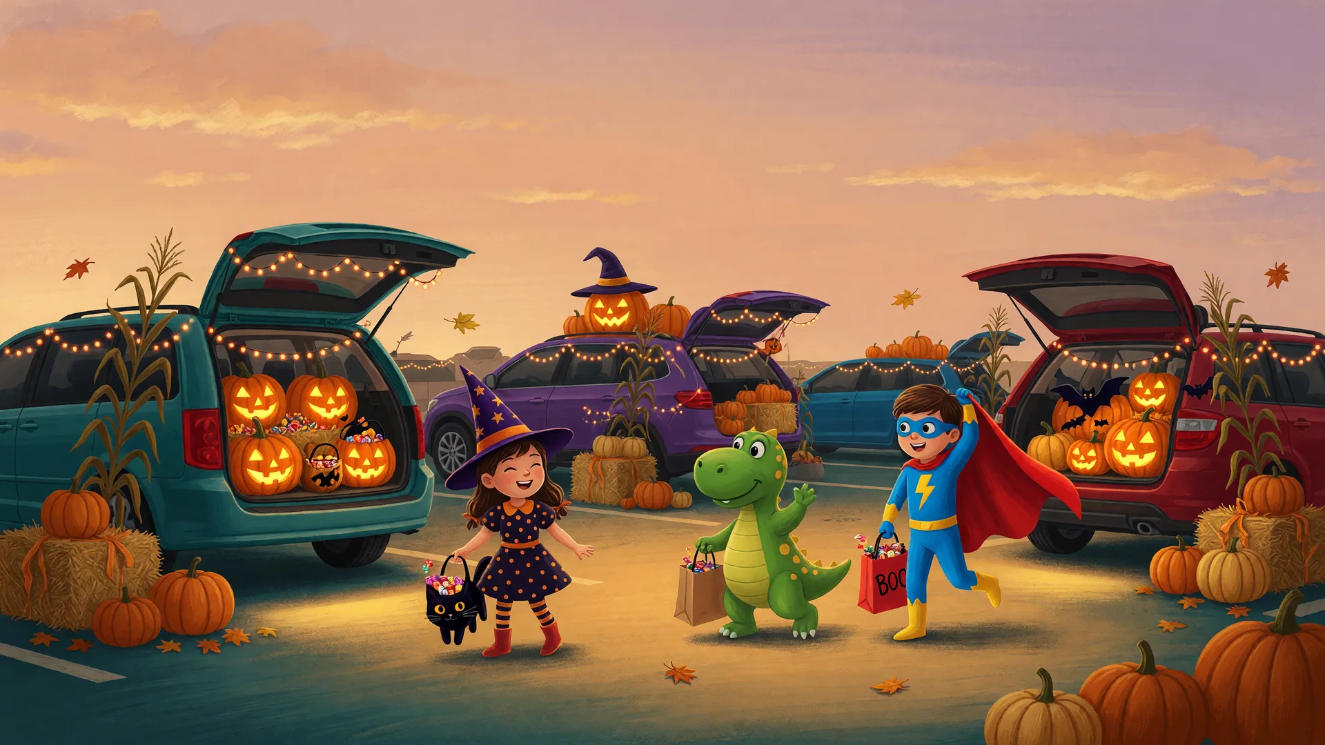 Kids trick-or-treating at a trunk-or-treat event in Durham Region