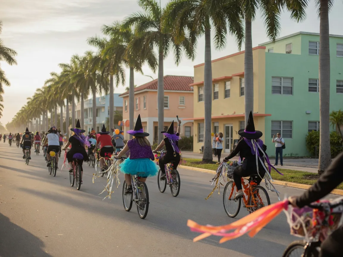 Costumed cyclists on decorated bicycles riding along a palm-lined coastal avenue in morning light
