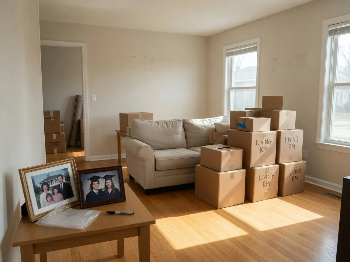 Bright, freshly decluttered living room being prepared for a move with neatly stacked brown moving boxes beside a beige sofa and warm afternoon sunlight on hardwood floors