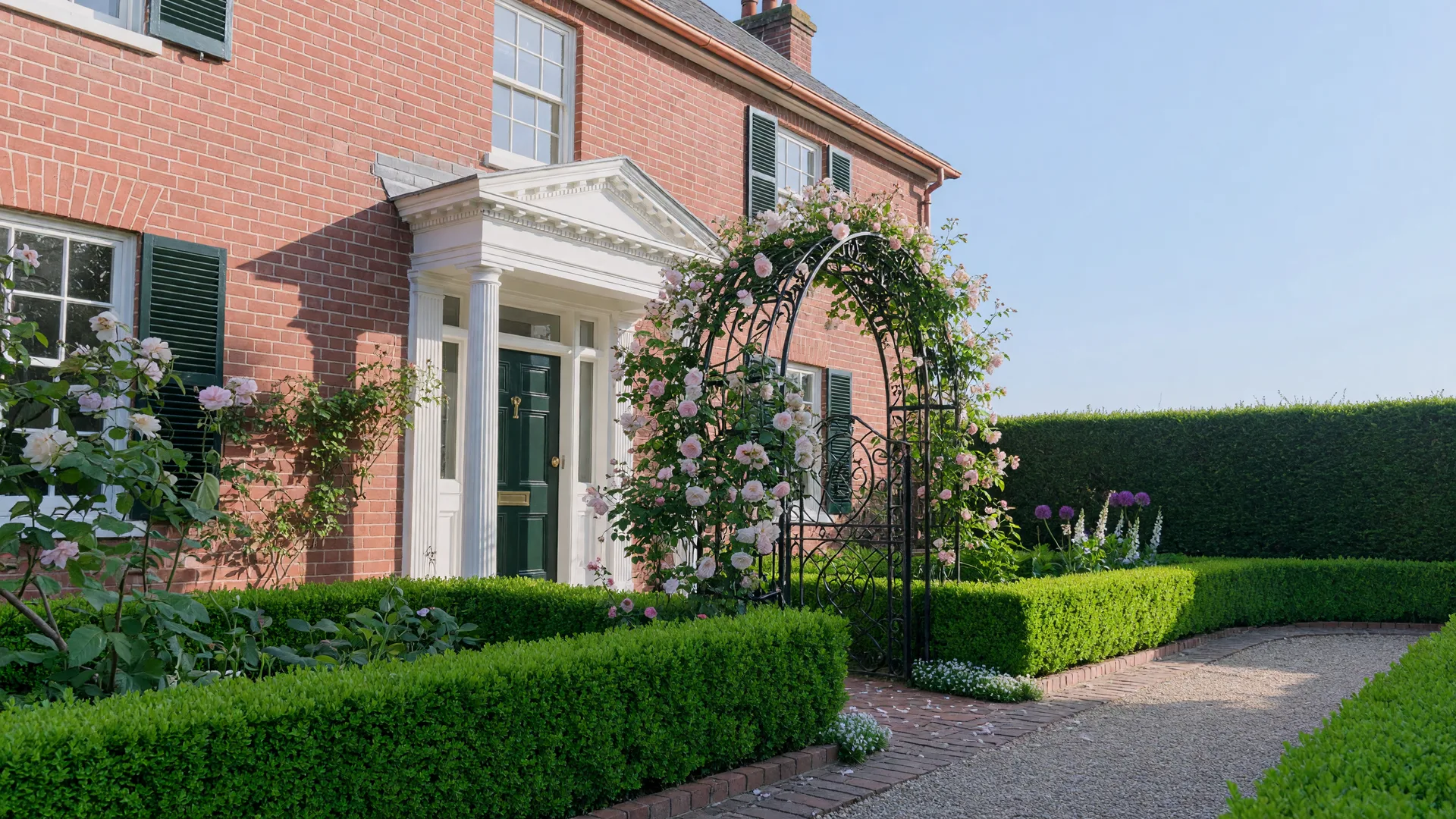 A heritage brick home with climbing roses over an arched garden gate on a bright spring morning