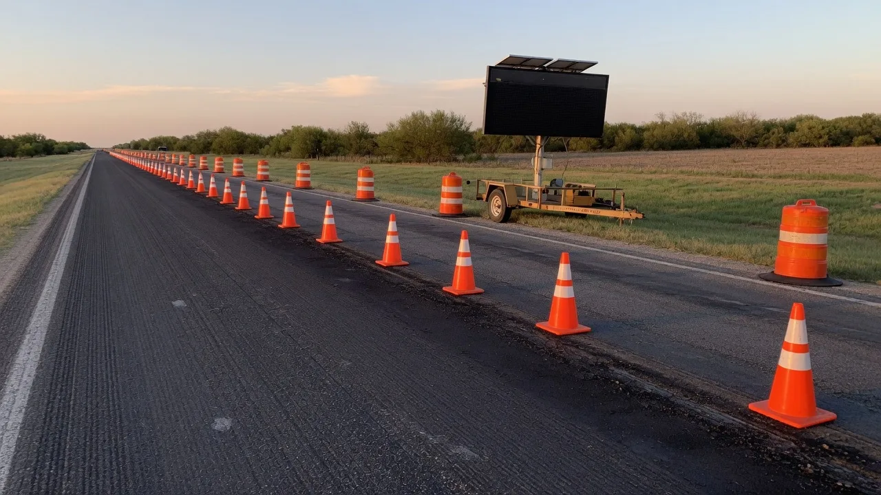 Highway maintenance work zone on a Texas two-lane road with orange cones, channelizing drums, and an electronic message board under late afternoon light