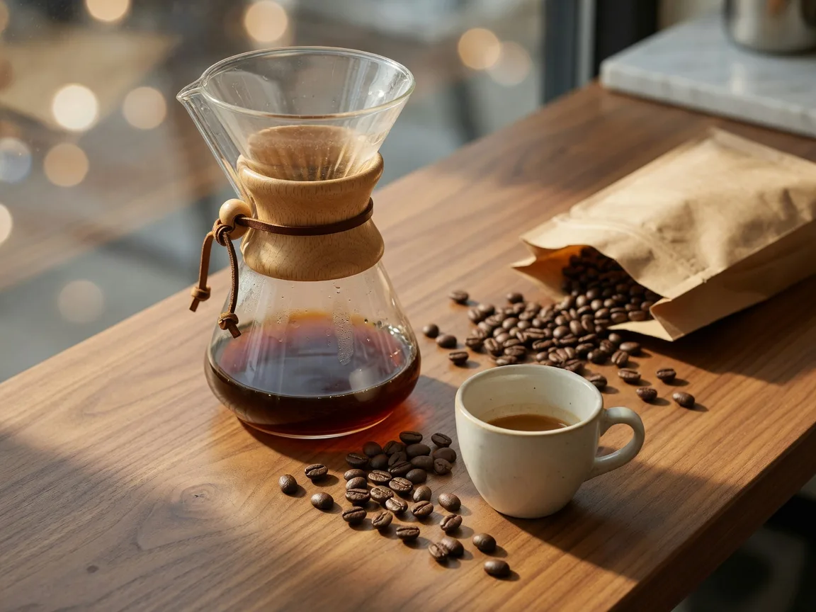 A pour-over dripper and ceramic espresso cup on a walnut counter with scattered roasted beans