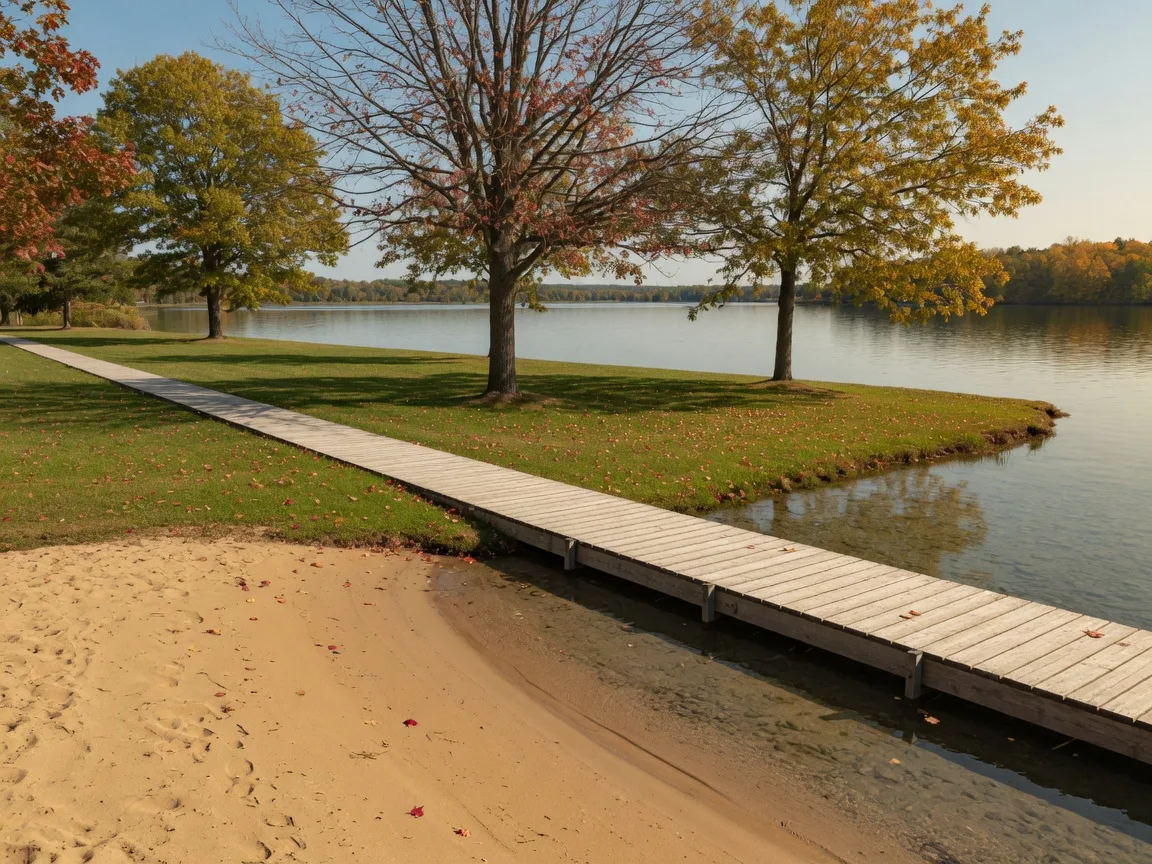 Kinsmen Beach, the sandy Lake Scugog swimming beach in Port Perry, with a wooden boardwalk and a grassy lawn behind the sand