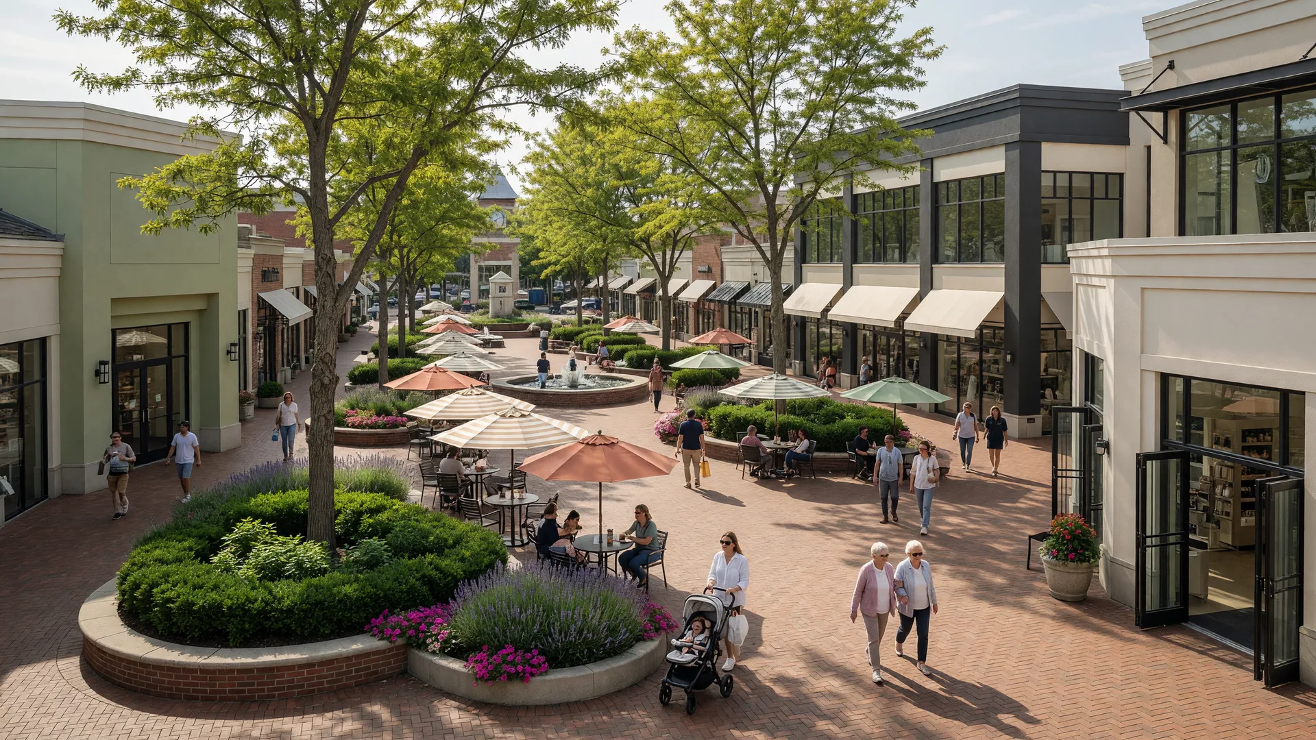 Suburban Square outdoor shopping center in Ardmore with plaza, fountains, and dining patios