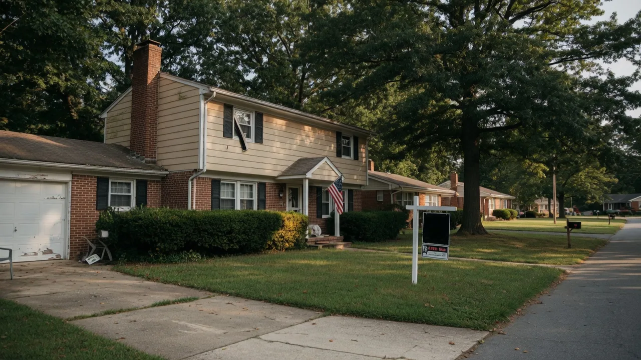 A Maryland split-level colonial home on a quiet suburban street with a For Sale sign on the front lawn, representing the type of property heirs may disagree about during probate