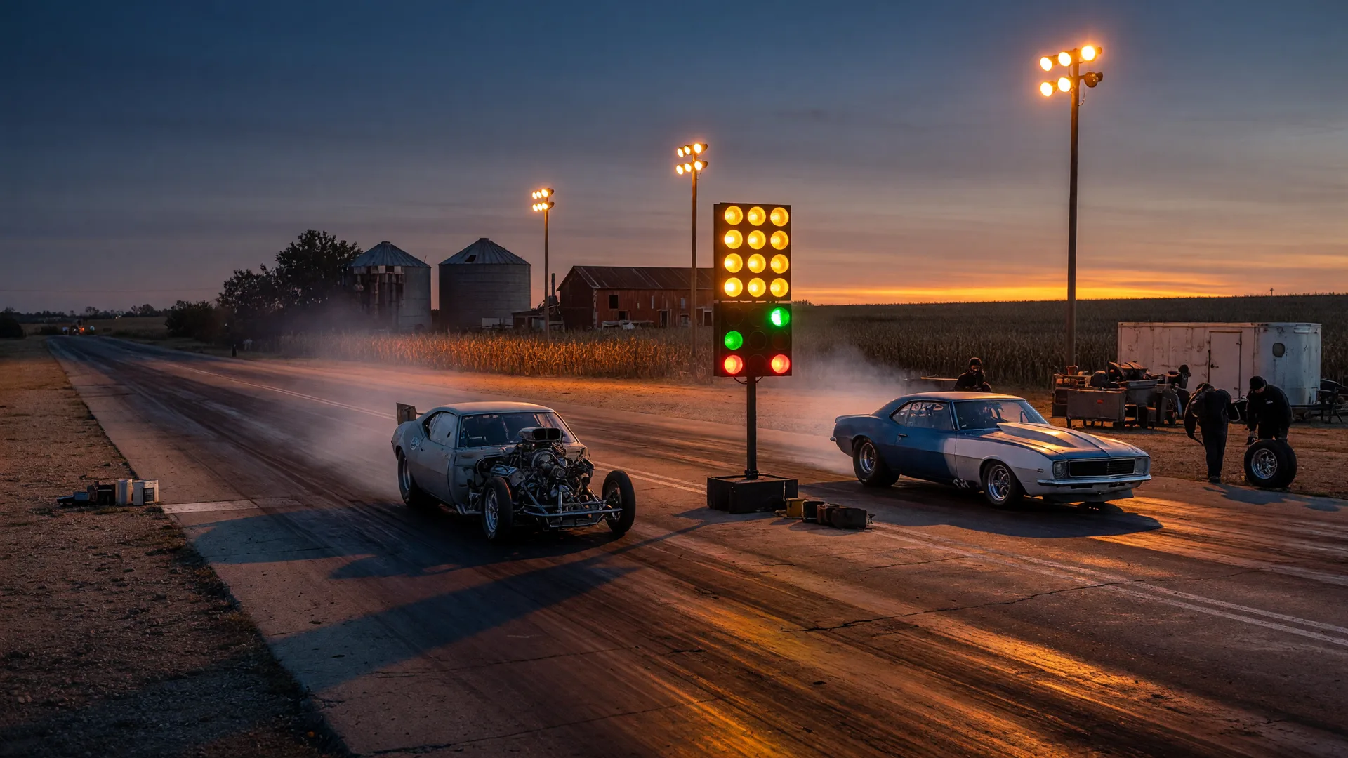 Two race cars staged at the christmas tree lights on a rural drag strip at dusk with tire smoke and autumn farmland behind