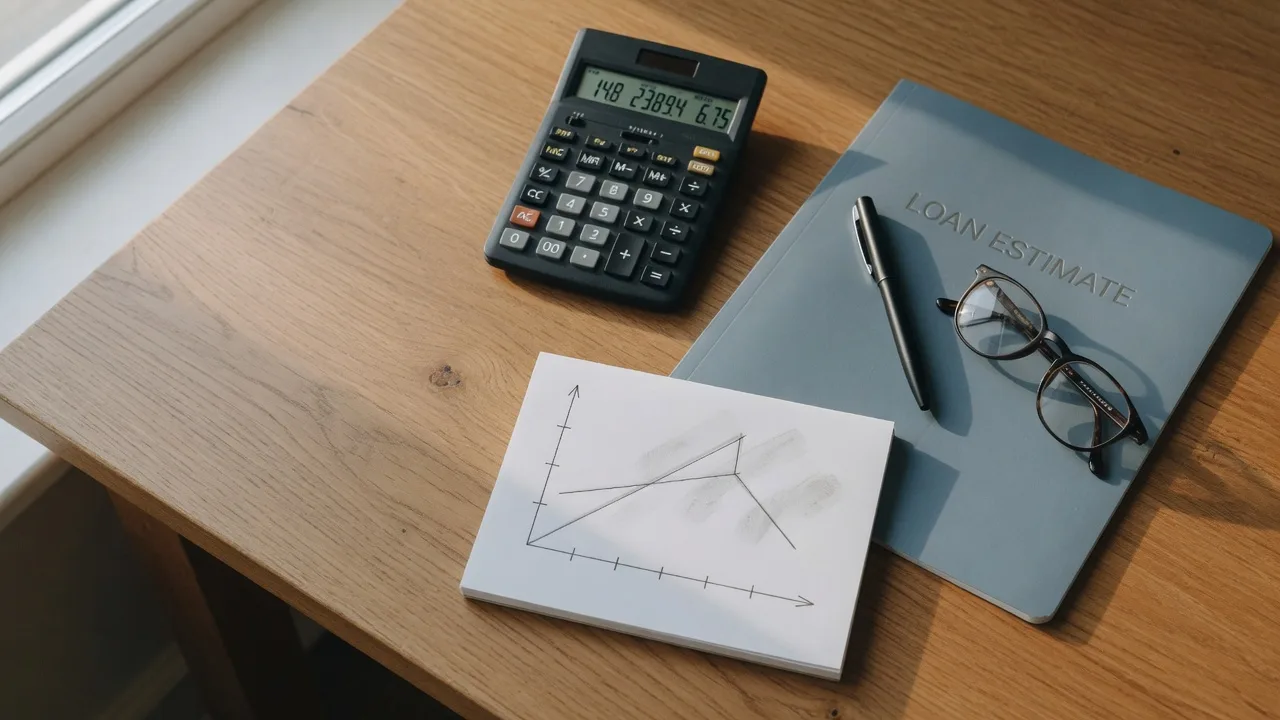 Refinance math desk with calculator, loan estimate folder, glasses, and a break-even note