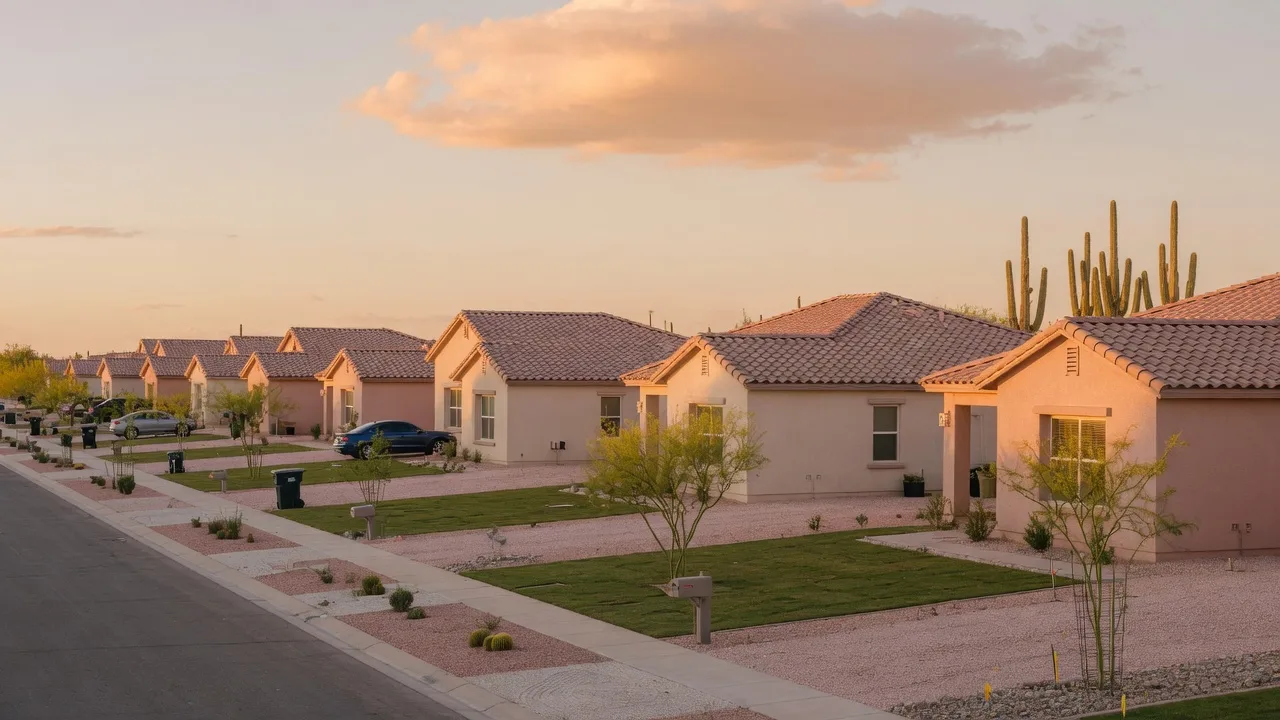 New single-level homes in a sunny Arizona neighborhood at golden hour