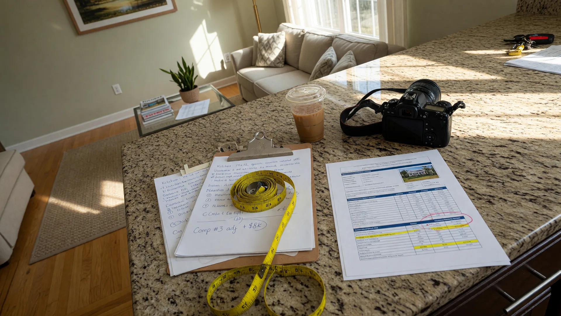 Overhead view of a home appraisal clipboard with notes, measuring tape, digital camera, and valuation report on a kitchen countertop
