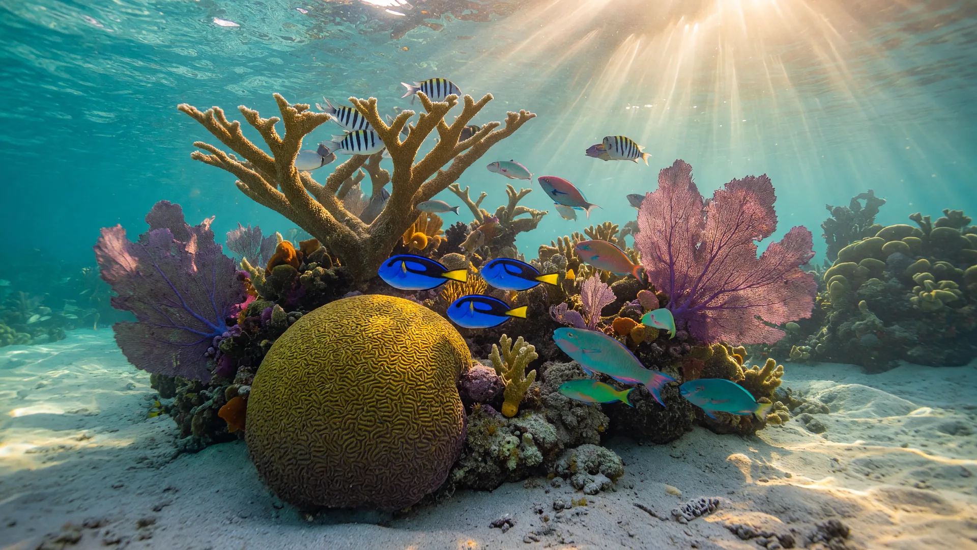 Underwater photograph of a vibrant Florida Keys coral reef with brain coral, elkhorn coral formations, and schools of tropical fish in clear turquoise water with sunlight streaming from above