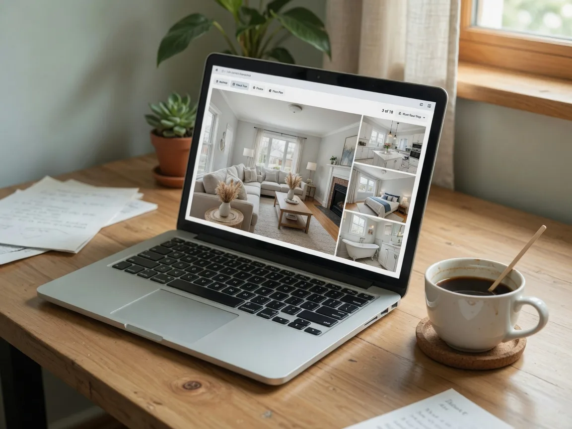 Laptop displaying a virtual home tour on a real estate website with coffee cup nearby.