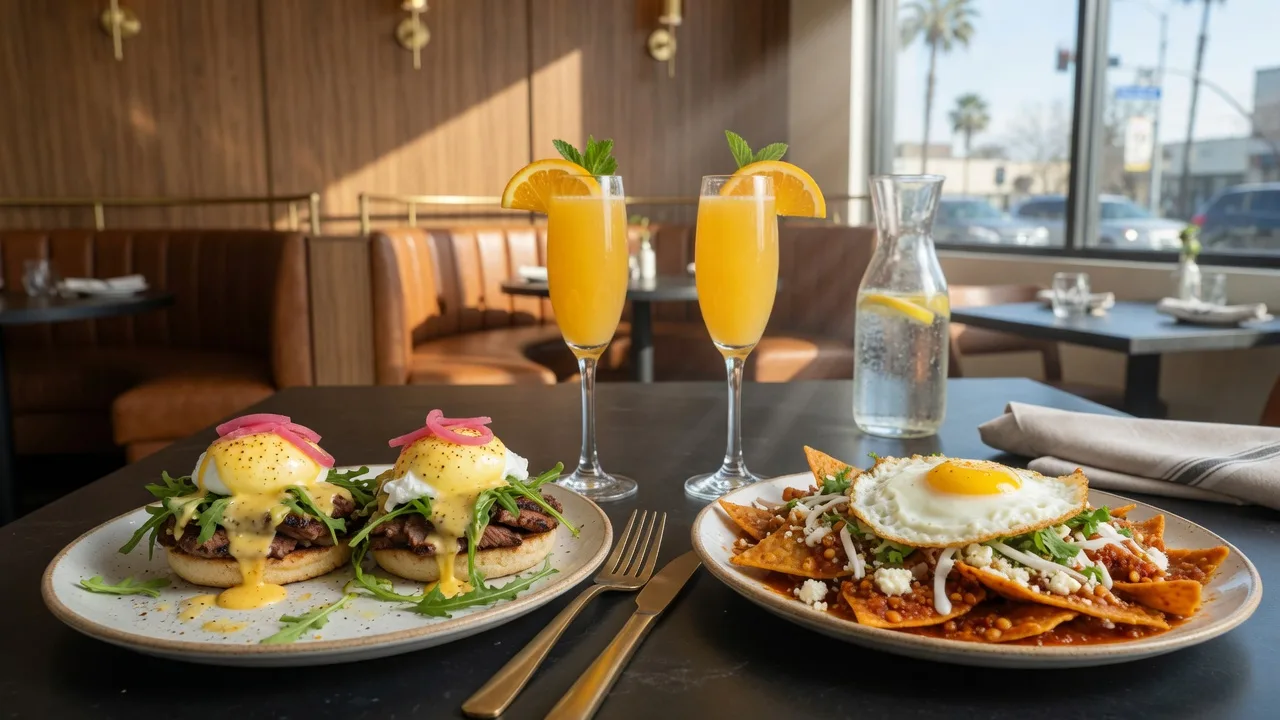A bright weekend brunch table at a modern American restaurant in Turlock with a plate of Tri Tip Benedict topped with a poached egg and hollandaise, a plate of chilaquiles with cotija and a fried egg, and two tall glasses of orange mimosas in a warm wood-and-brass dining room with soft morning window light
