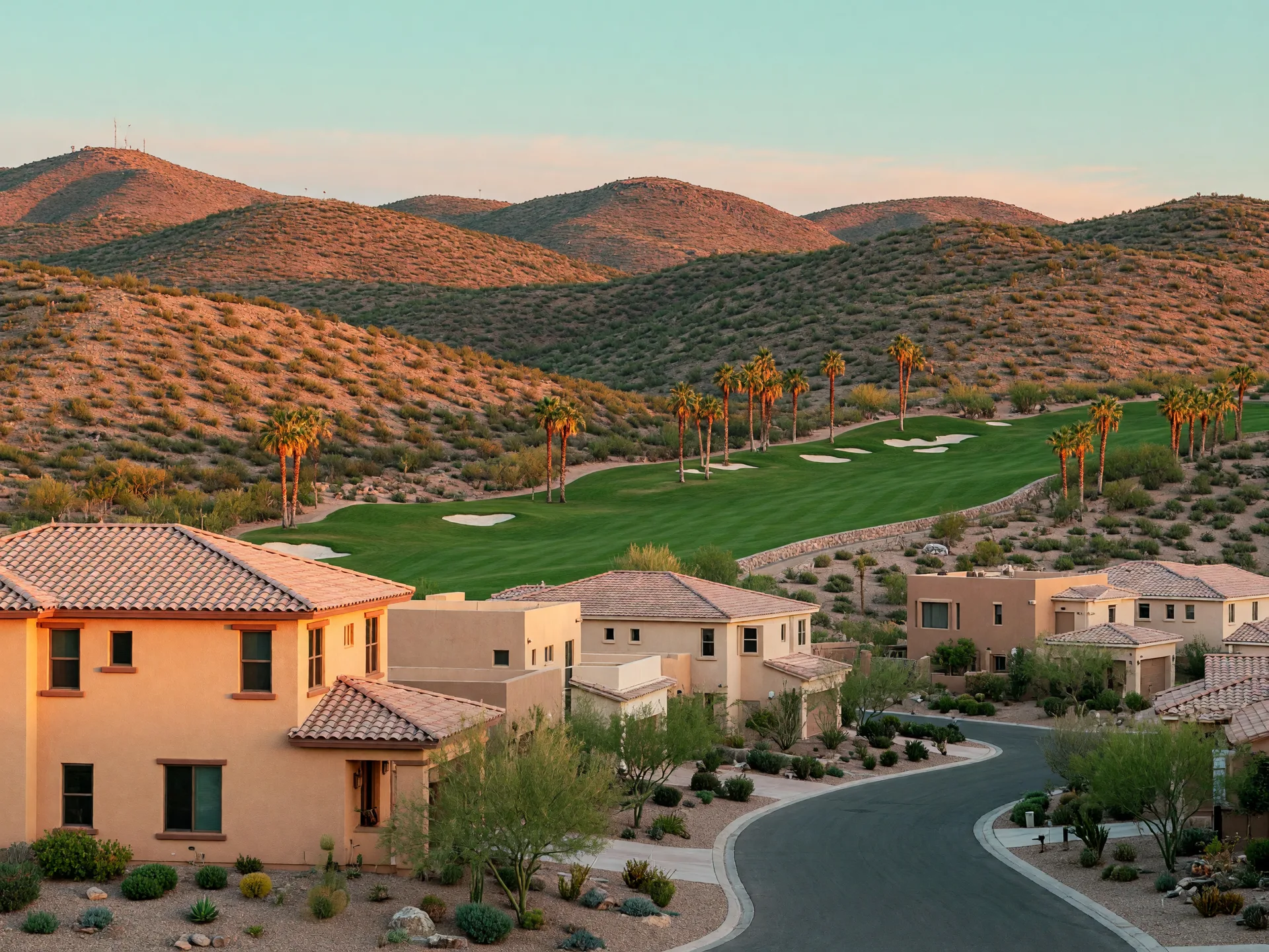 Well-spaced desert homes beside a golf course in the MacDonald Ranch foothills, Henderson Nevada