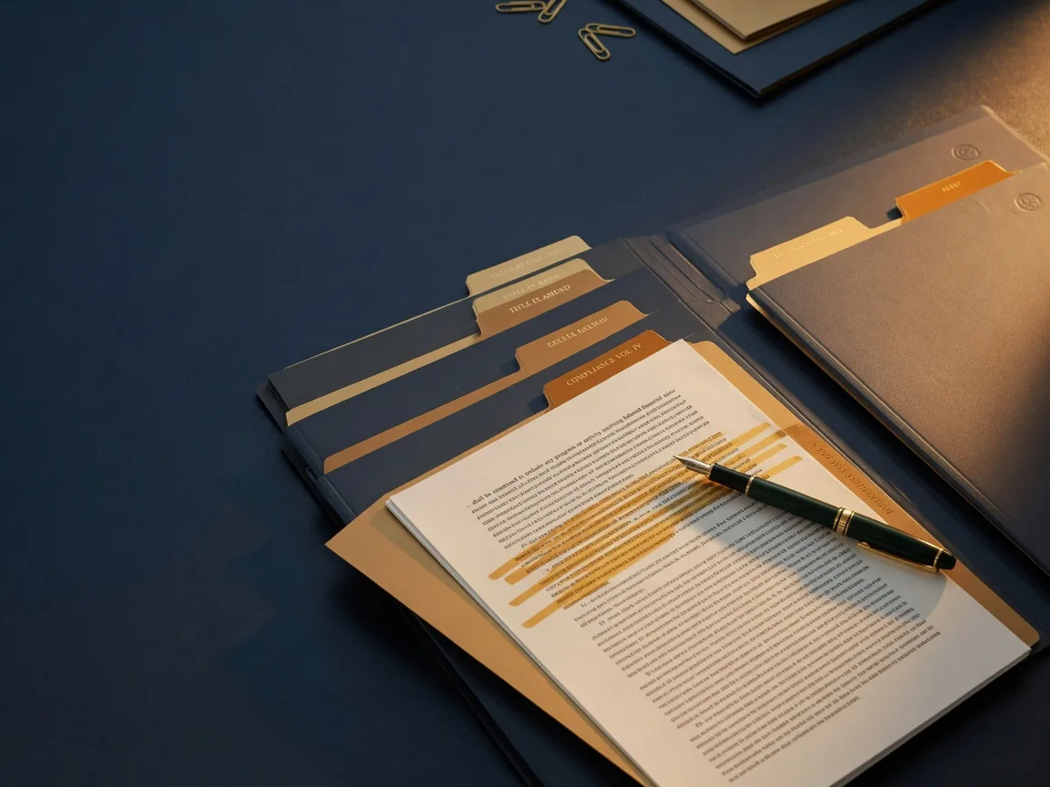 Case file folders and a printed regulation page with gold divider tabs on a deep navy desk