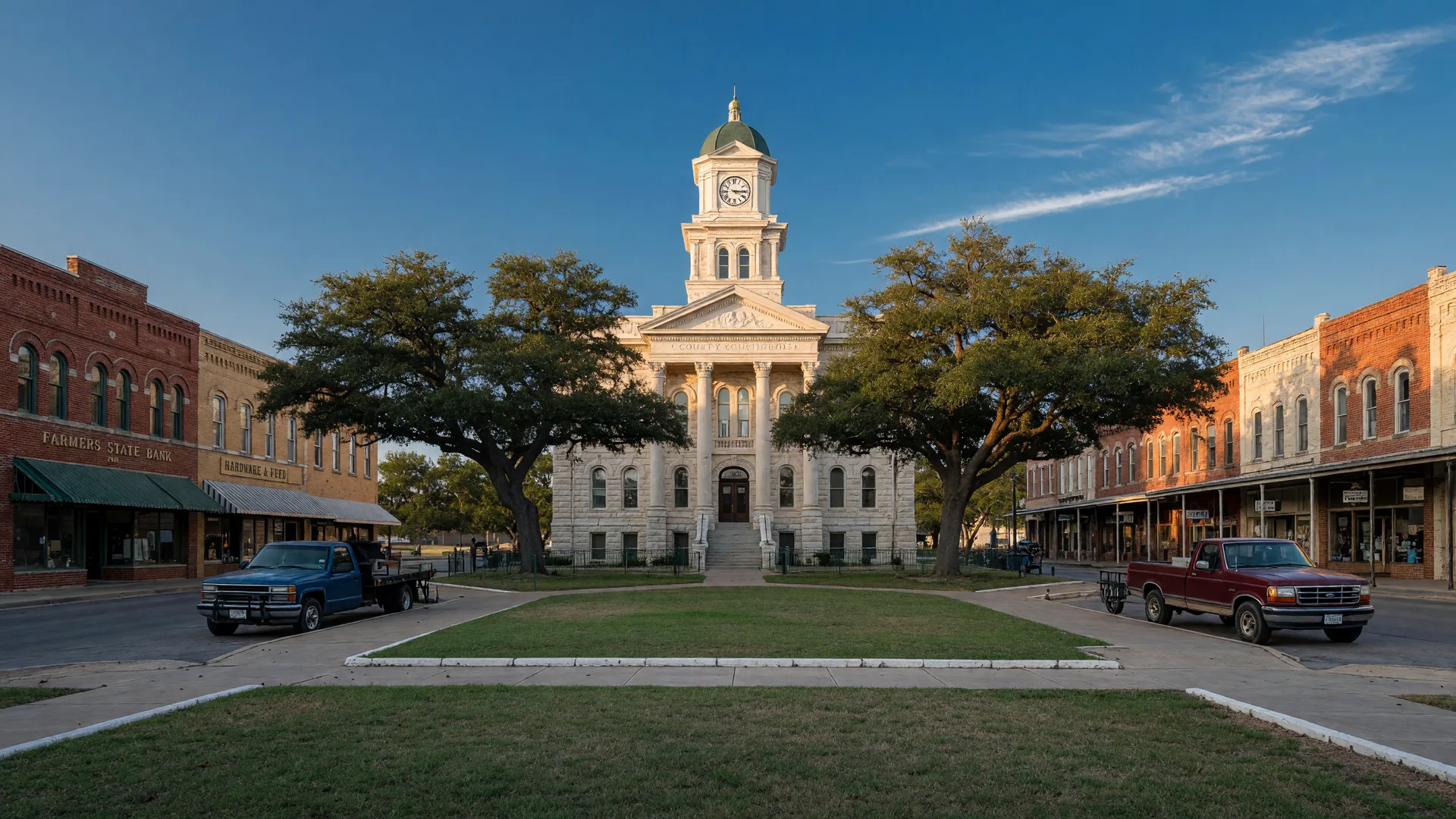 A Classical Revival limestone courthouse with a central clock tower and cupola anchoring a tree-lined Texas town square, with vintage brick storefronts and pickup trucks in warm late-afternoon light