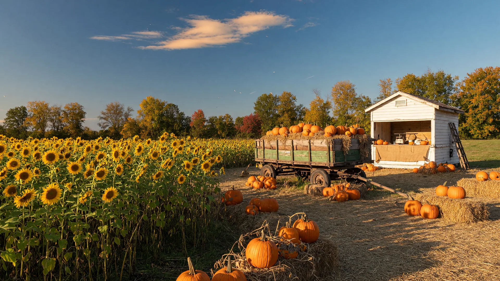 Late September fall festival scene in Northeast Ohio with a golden sunflower field, a hay-wagon pumpkin patch with orange pumpkins and straw bales, and warm afternoon light under a deep blue sky