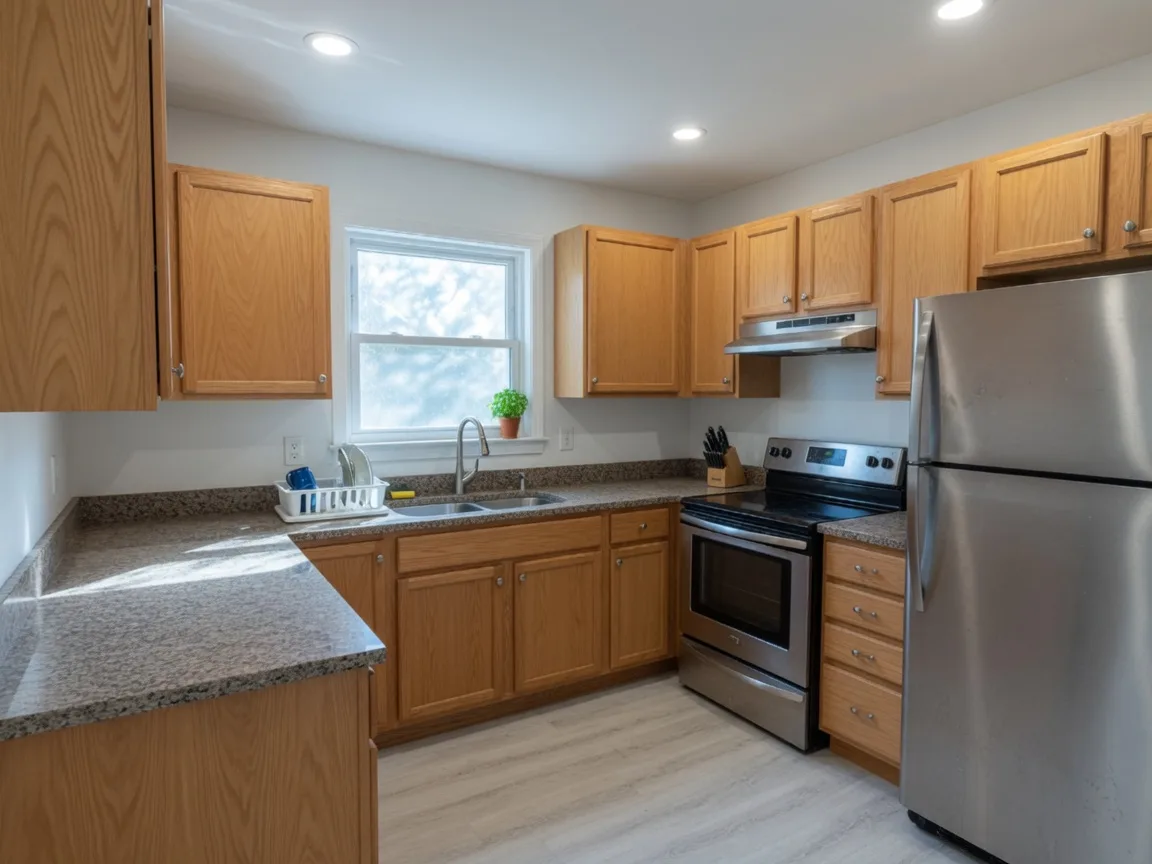 A new home kitchen with granite slab counters, custom wood cabinetry, and stainless steel appliances