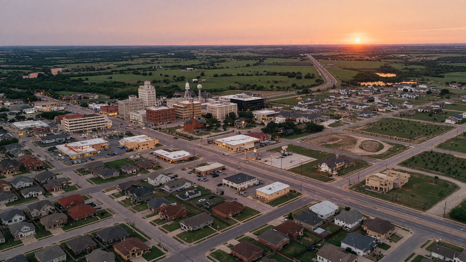 Aerial view of a growing small Texas city at dusk with residential rooftops and commercial corridors spreading into green countryside