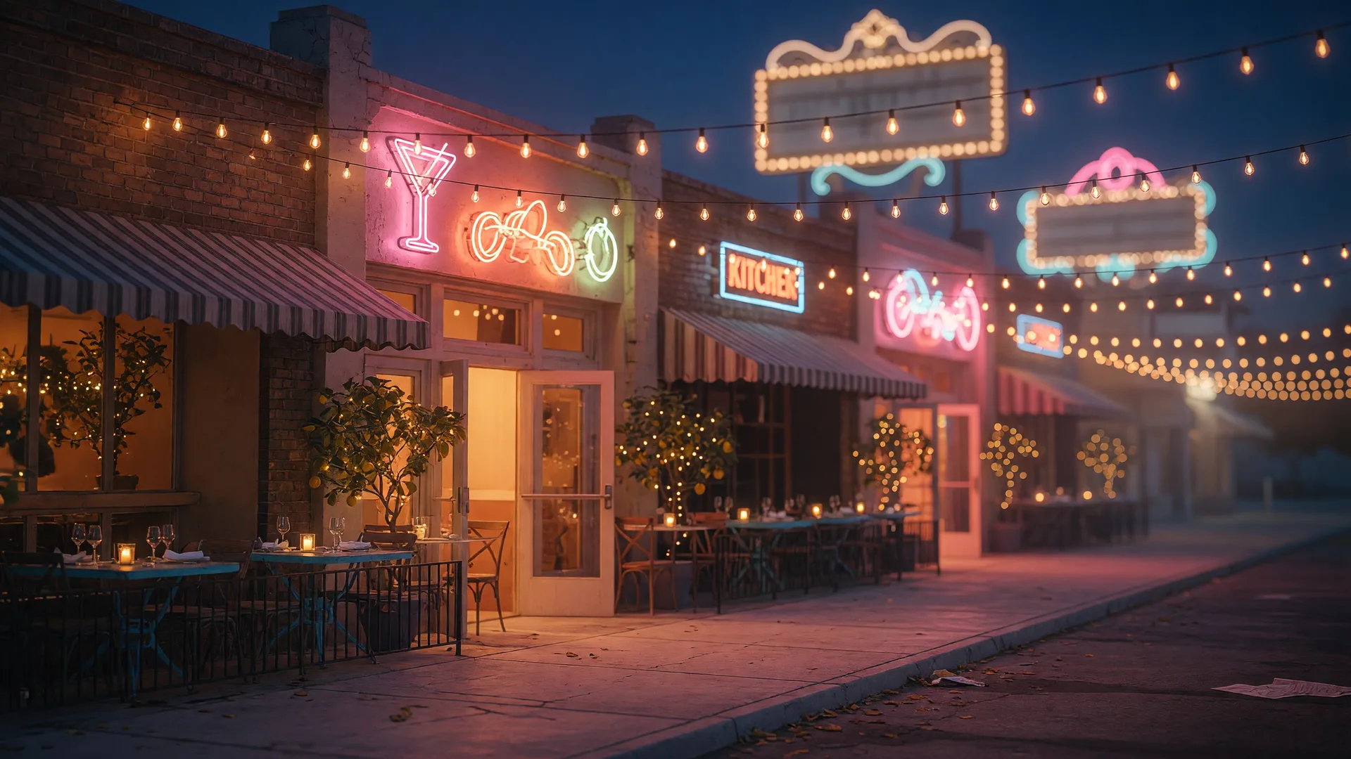 Lively downtown street with restaurant patios at night