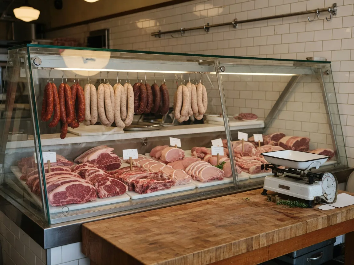 A classic family-run butcher shop counter with a glass display case of fresh cuts and artisan sausages, representing Halenda's Meats in Bowmanville