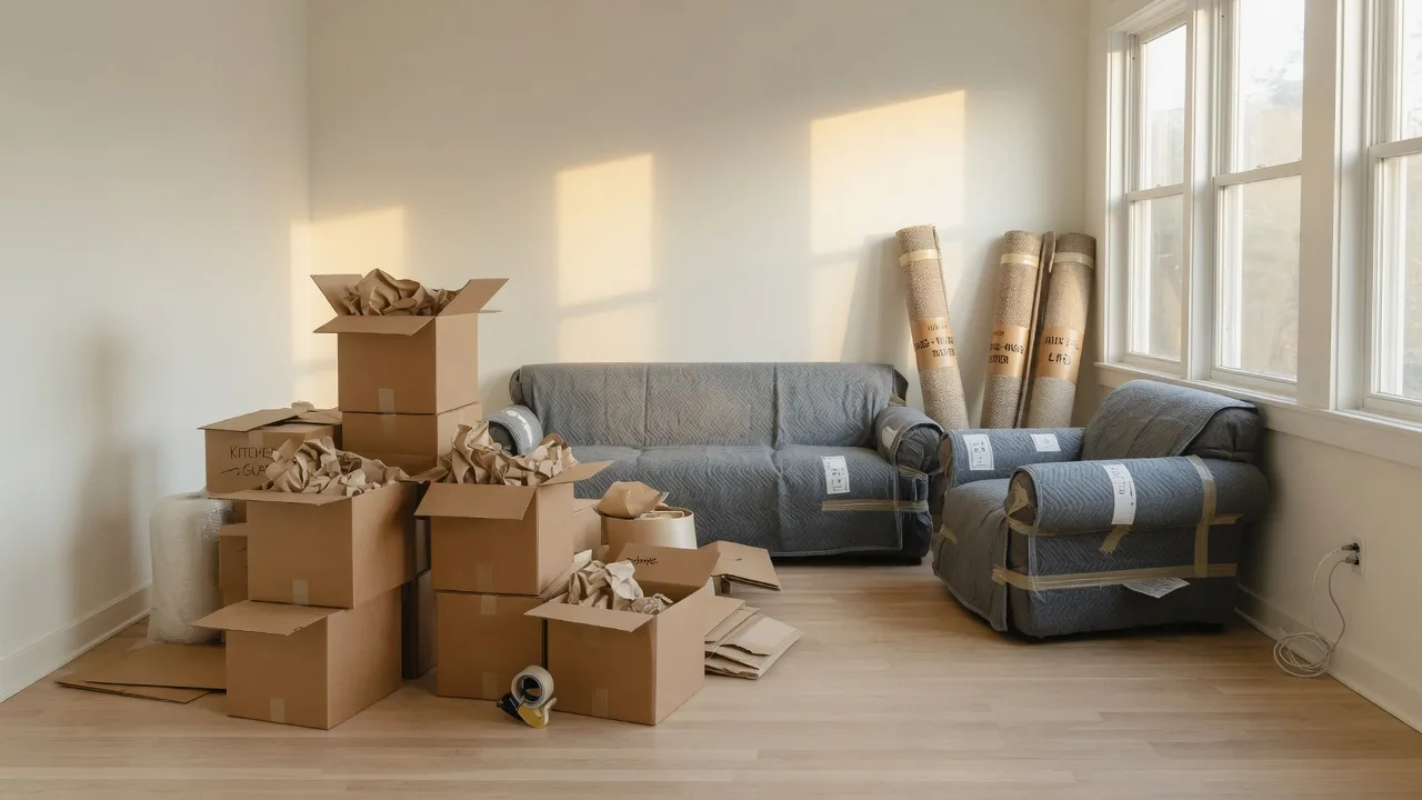 A bright, organized living room mid-move with stacked cardboard moving boxes and furniture wrapped in moving blankets