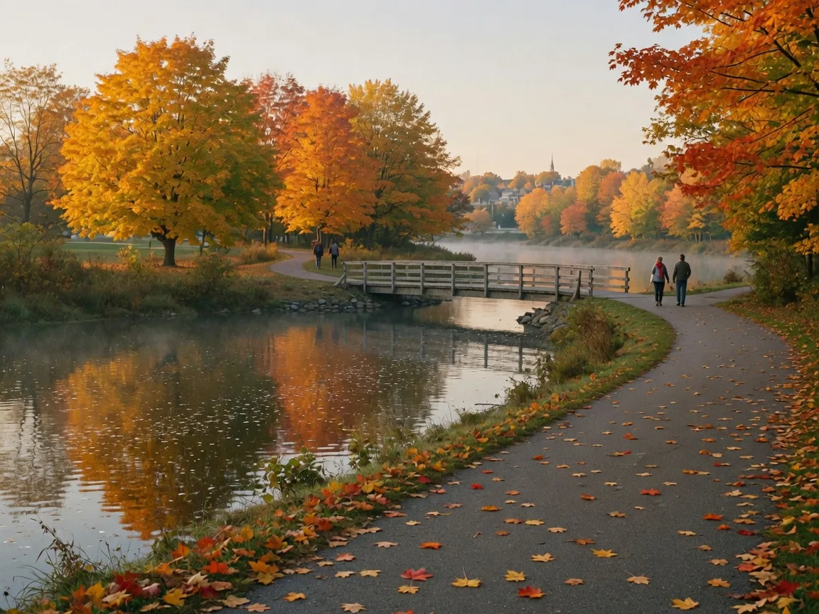 A paved riverside walking trail along the Trent River in early October, winding between golden maples with a wooden footbridge ahead