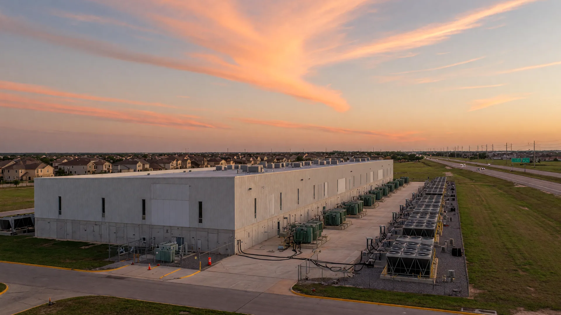 Modern low-slung data center campus on a flat North Texas plain at golden hour, illustrative of the type of facility proposed for the Alliance corridor