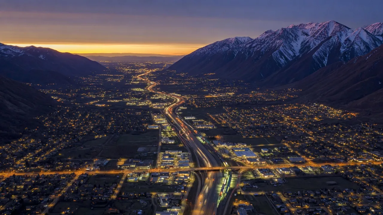 Aerial view of the Wasatch Front corridor at dusk, valley lights stretching south between Salt Lake City and Provo with the Wasatch mountains rising on the east.