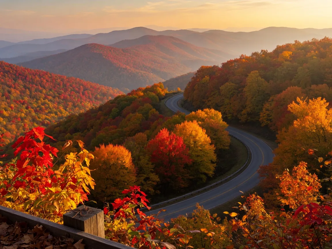 A Blue Ridge Parkway overlook in peak autumn color with layered orange and gold ridges