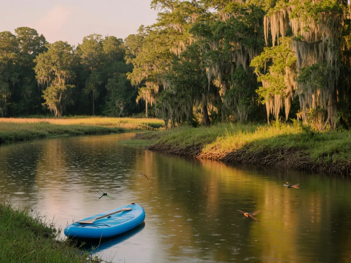 A calm stretch of the Neuse River near Clayton NC with a lone paddleboard drifting beside a wooded bank
