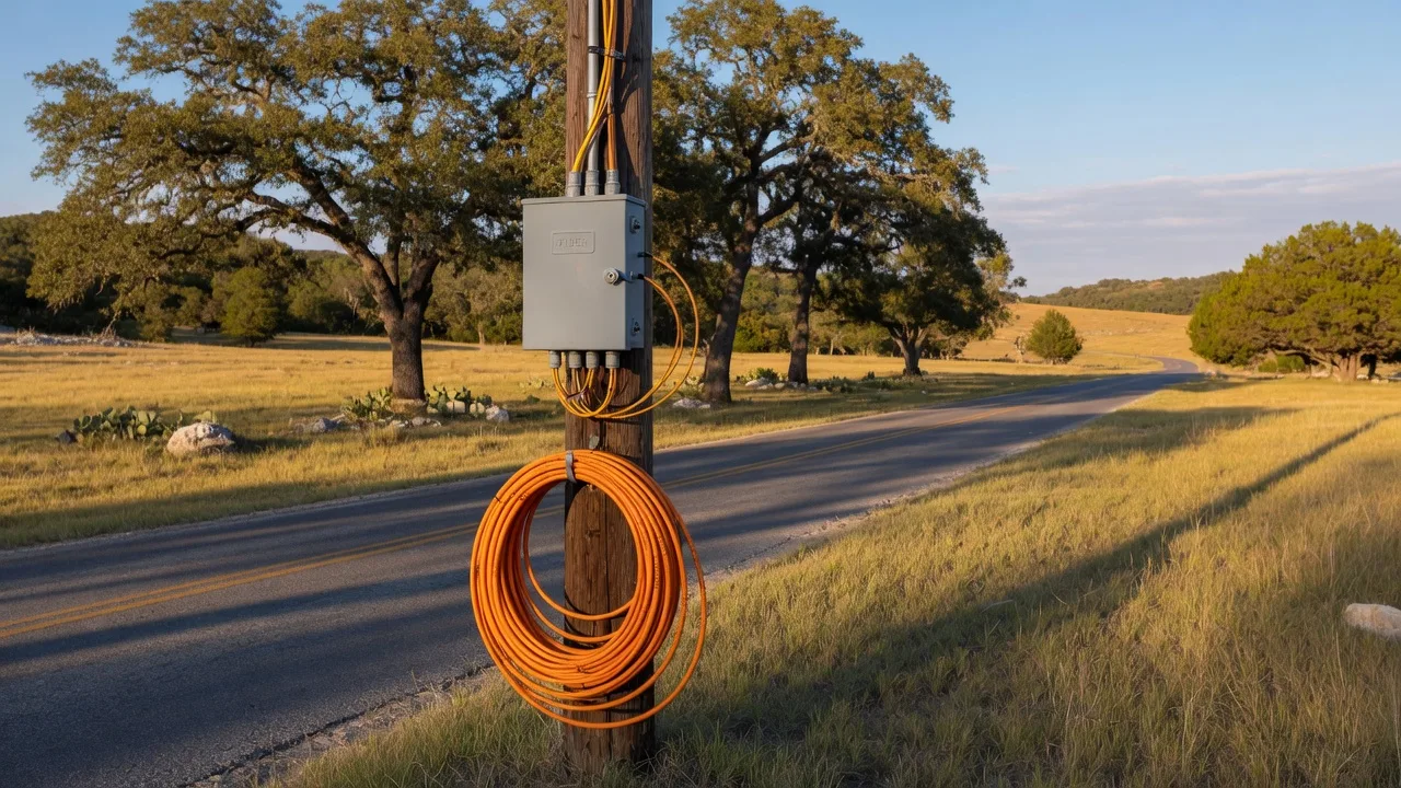 A utility pole with a fiber junction box beside a rural Hill Country road with live oaks