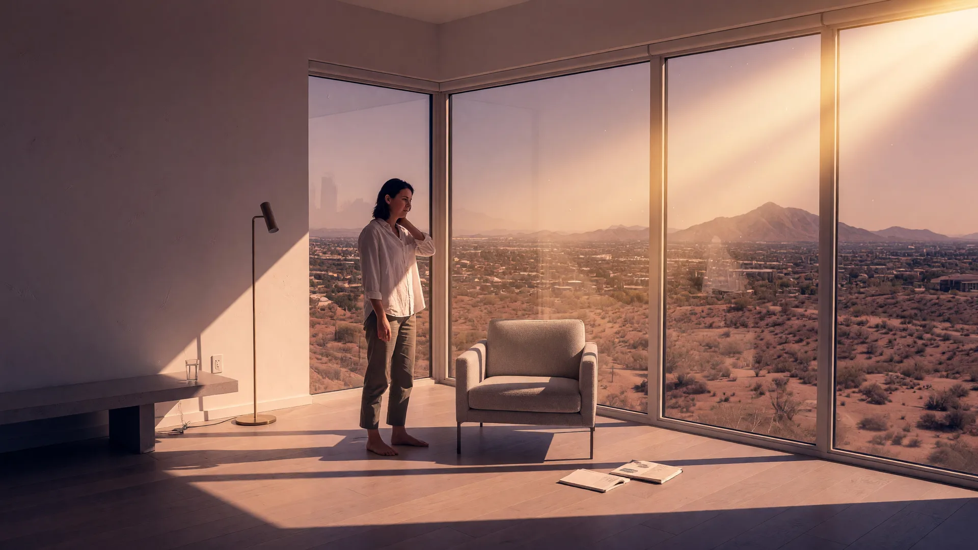 Person standing alone in a minimalist modern living room at golden hour, looking out floor-to-ceiling windows over the Phoenix desert, reflecting on an important decision