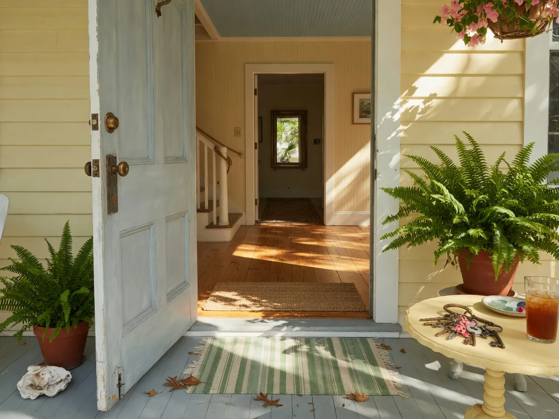 An open front door of a coastal Lowcountry home, sunlight spilling into a welcoming entry with flowers and keys on a table