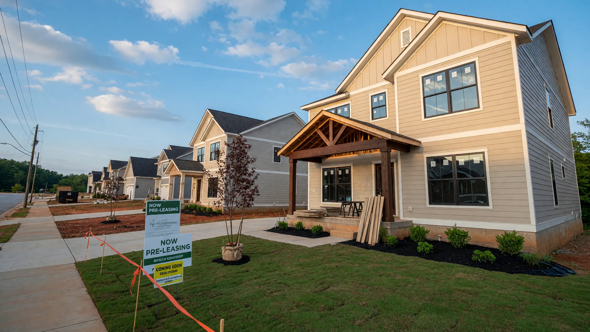 New construction home under construction in a Metro Atlanta community on a summer morning