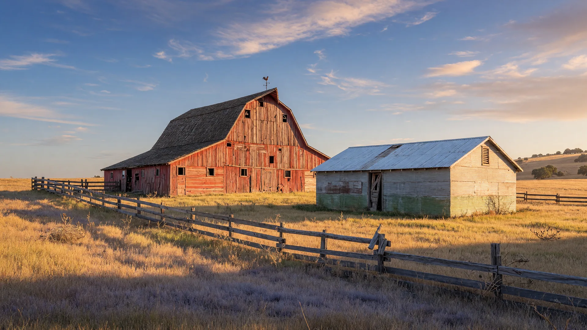 A weathered red barn and split-rail fence on golden grassland at sunset