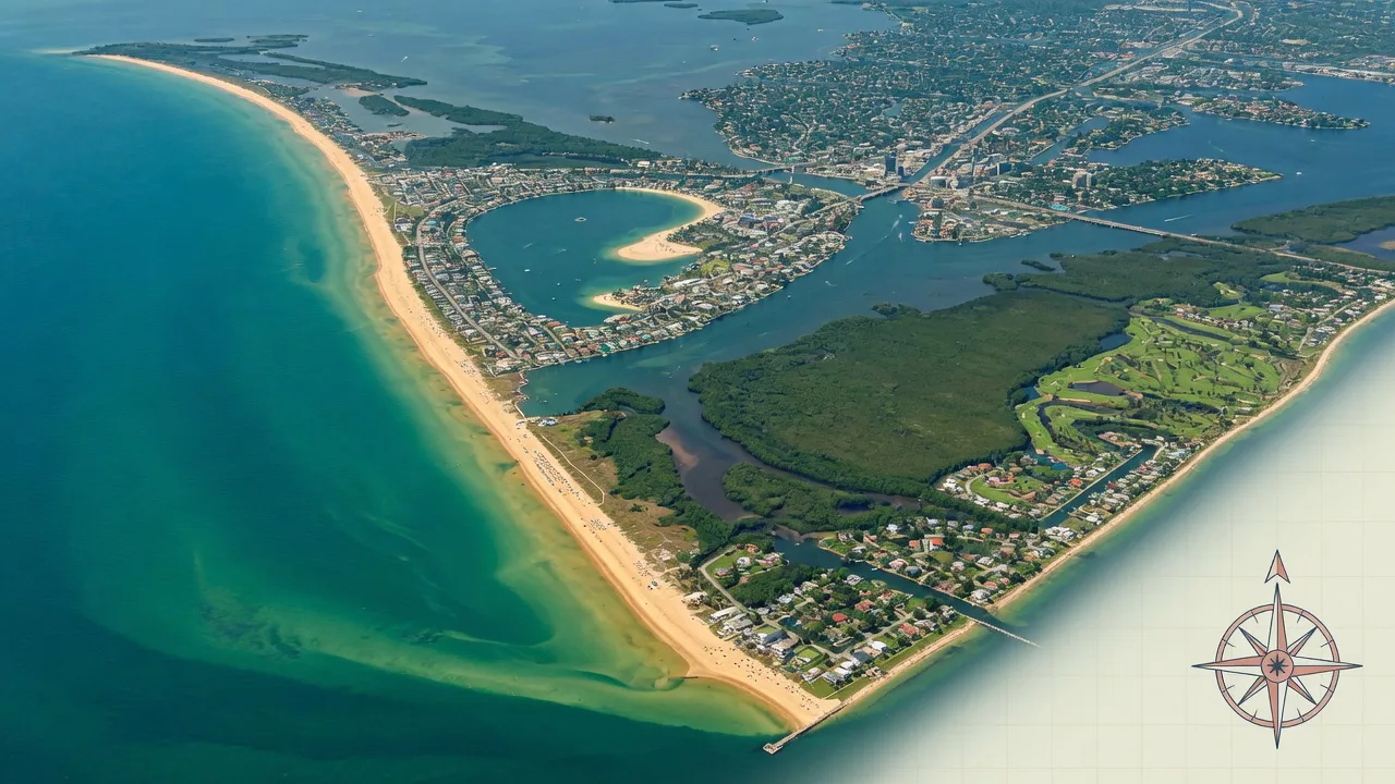 Aerial view of Florida Gulf Coast coastline showing Sarasota, Venice, and Bradenton beaches and communities