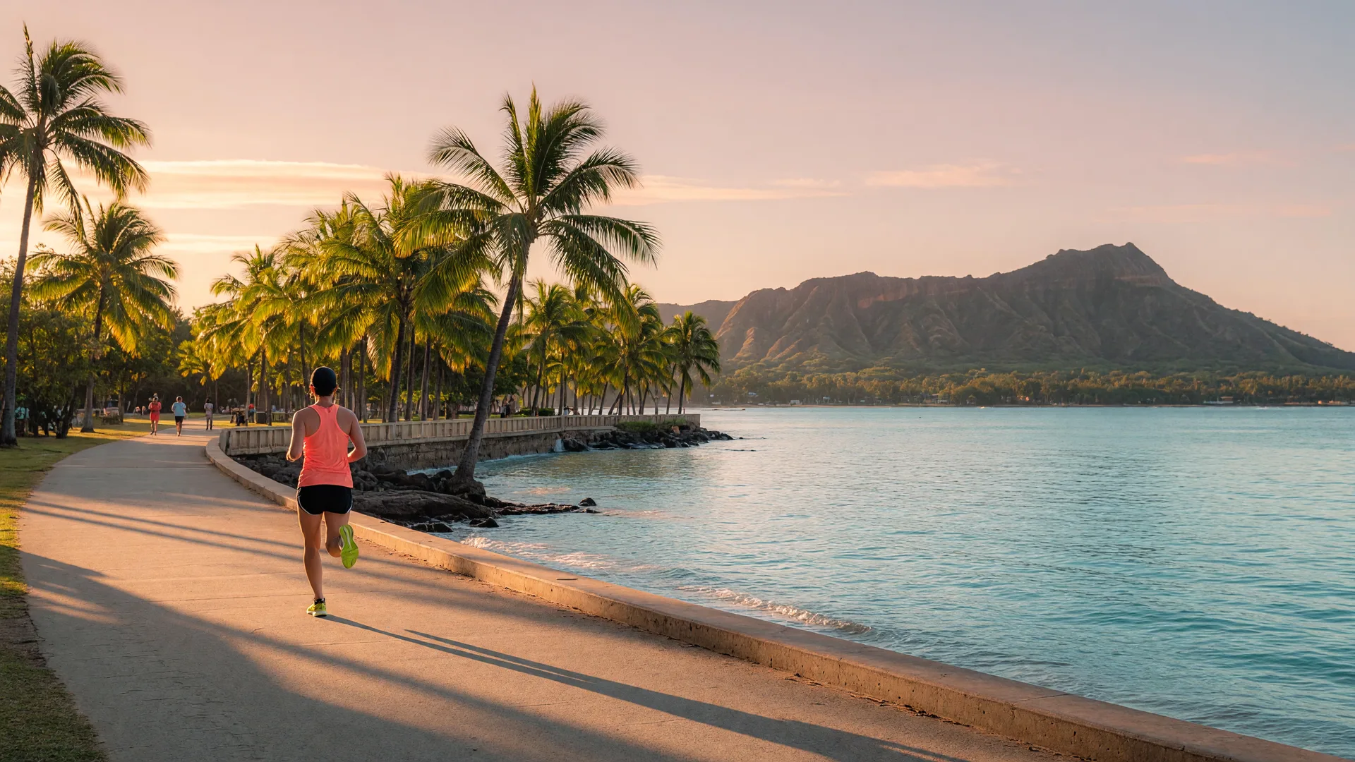 A runner jogging along a Honolulu coastal path at sunrise with Diamond Head in the background and calm ocean beside the path