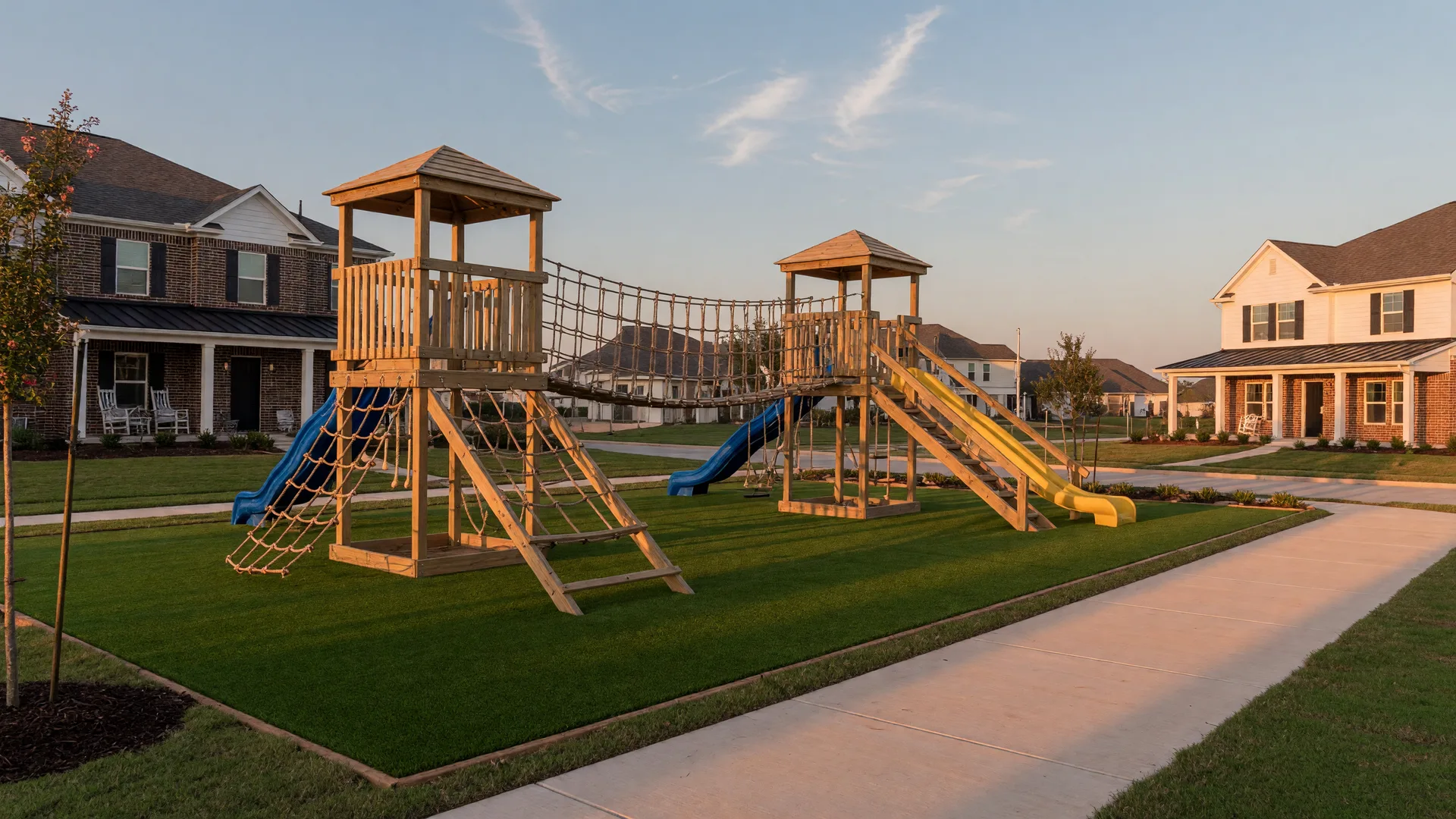 A new wooden-and-rope adventure playground on green turf in a North Texas master-planned community at golden hour, with homes in the distance