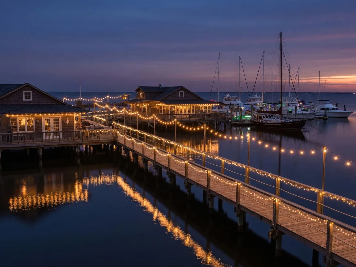 The sound-side boardwalk on Santa Rosa Sound at early December dusk: warm string lights glowing over calm dark water, masted boats at the marina, and wooden restaurant decks with warm window light beneath a deep blue-violet sky.