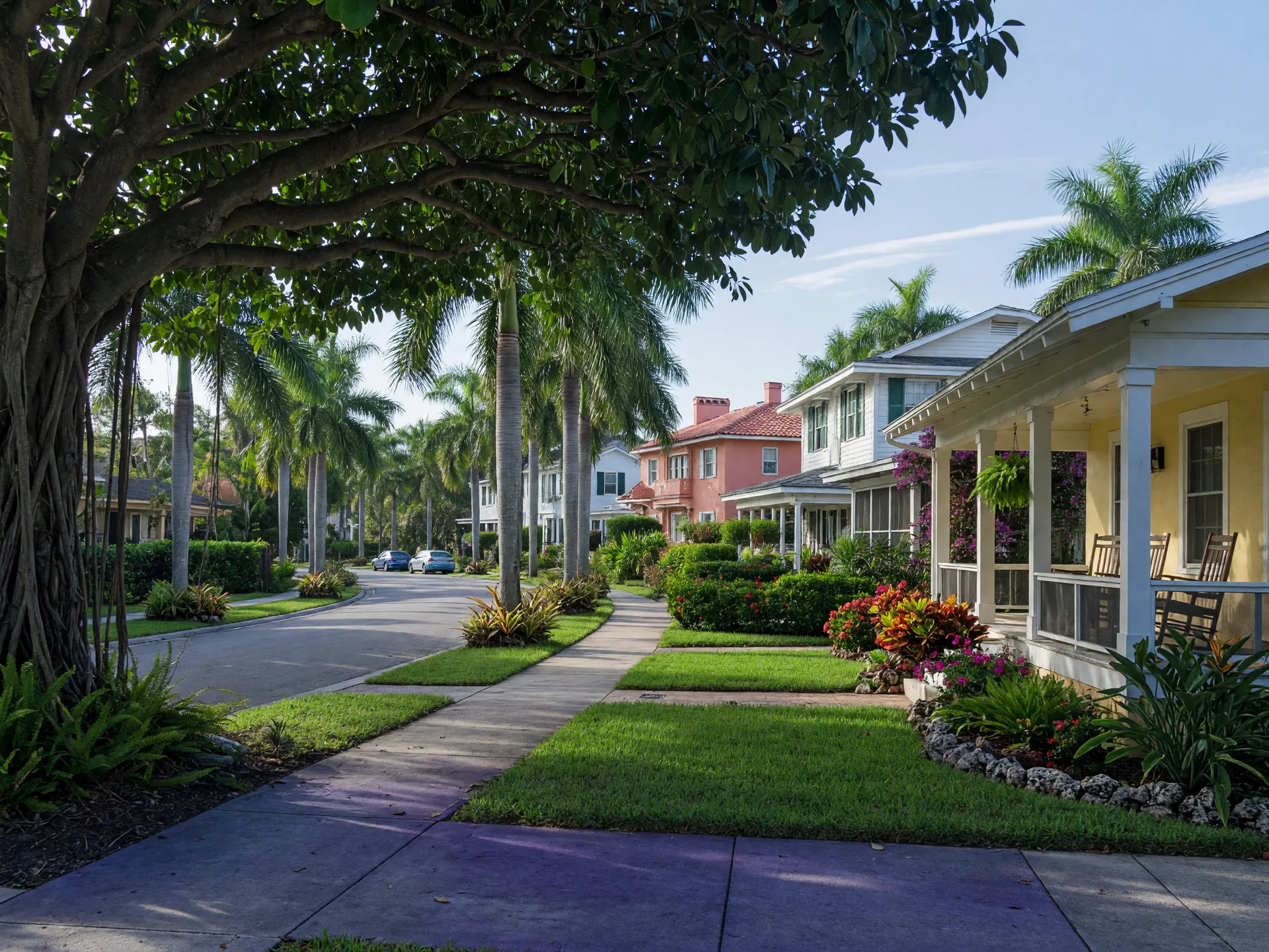 Tree-canopied historic streetscape with a bungalow in Flamingo Park, West Palm Beach